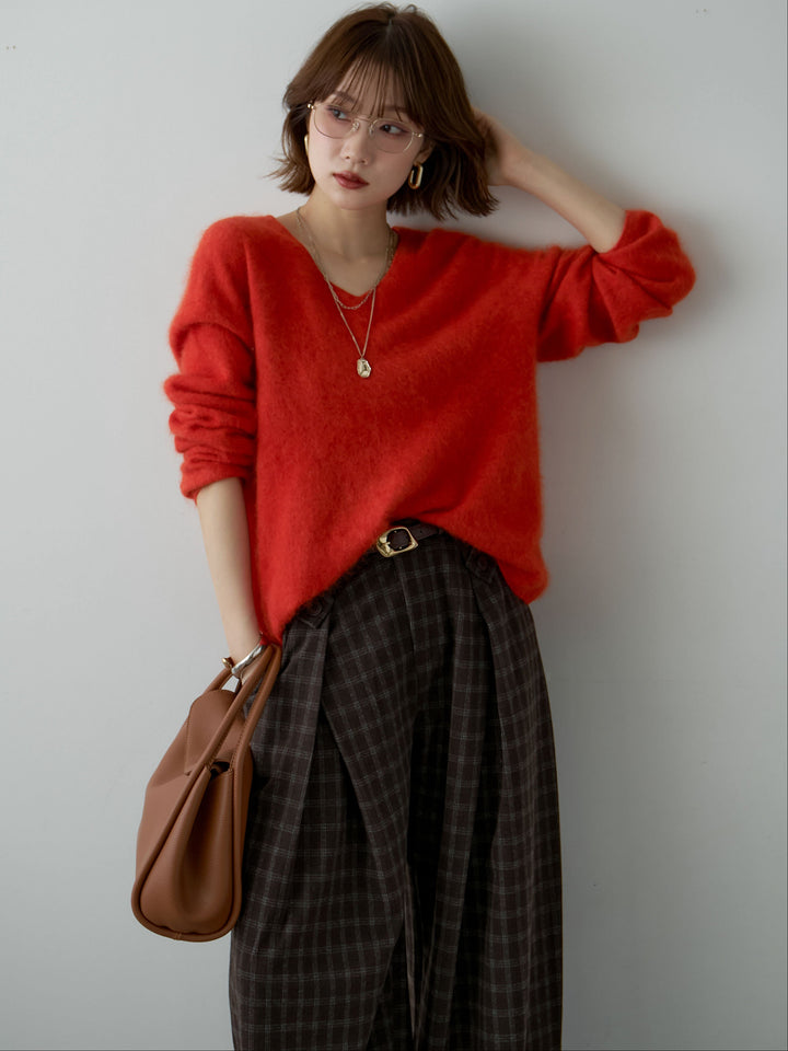 [SET]カシミア混フェザータッチVネックニットトップス+チェックサイドベルトデザインタックパンツ(2set)