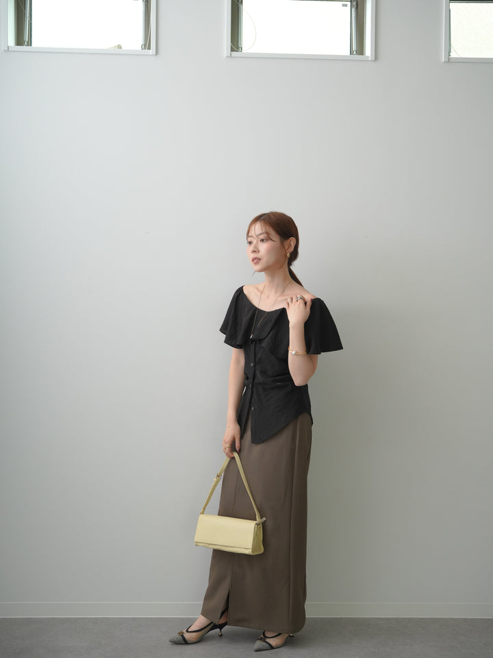 [SET]ラッフルオフショルブラウス+クレープデシンフラップ付きストレートスカート(2set)