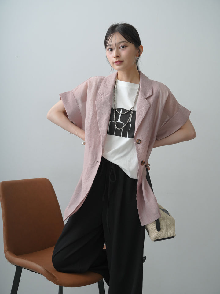 [SET]シアーオーバー半袖ジャケット+ショルダータックノースリーブオーバーTEE+リラックスドレープスウェットパンツ(3set)