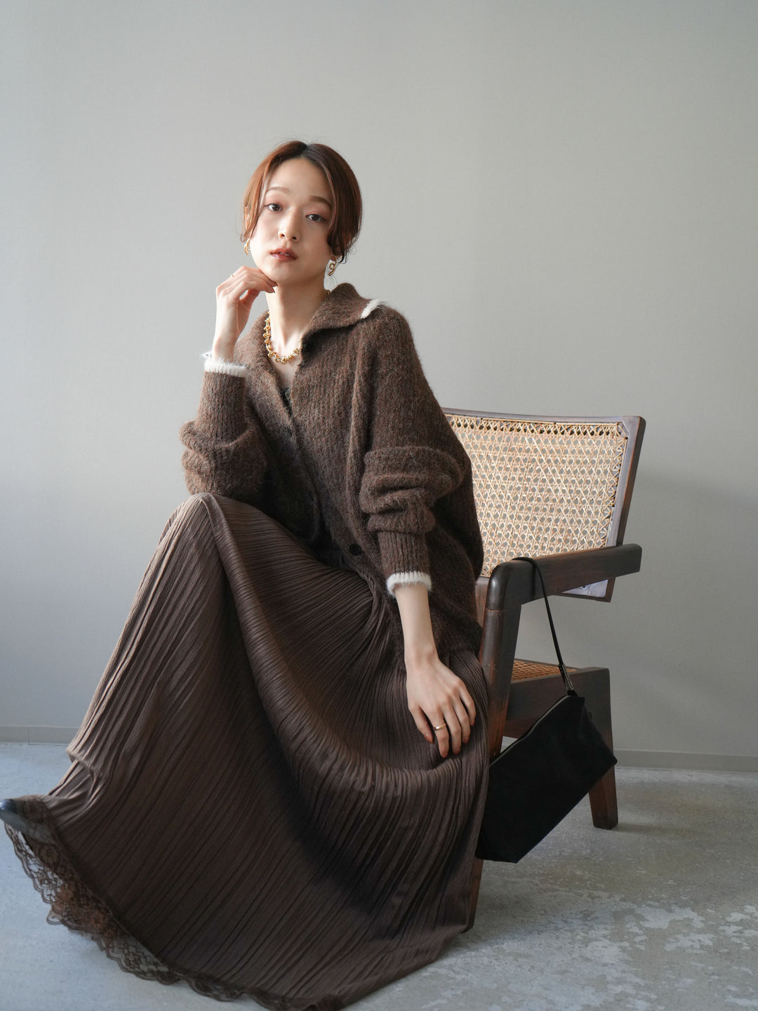 [予約]襟付きバイカラーミックスニットカーディガン/brown