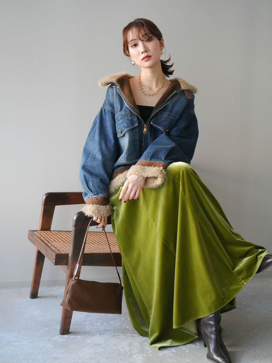 [予約]スタンドカラーファー×デニムジャケット/blue