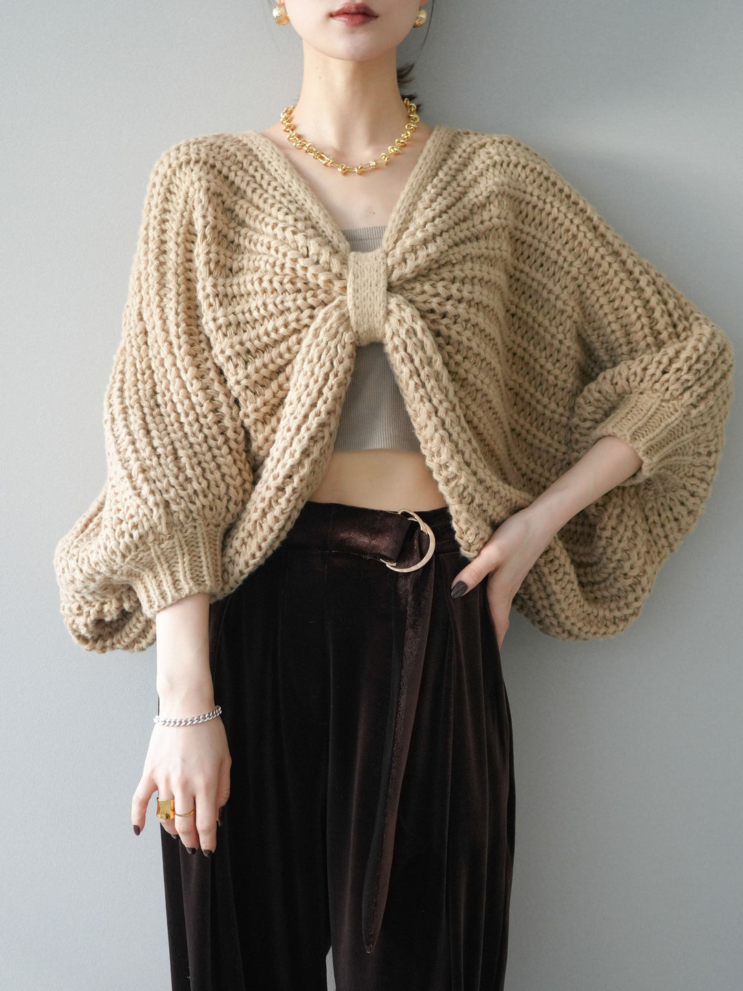[予約]ローゲージ畦編みドルマンニットボレロ/beige