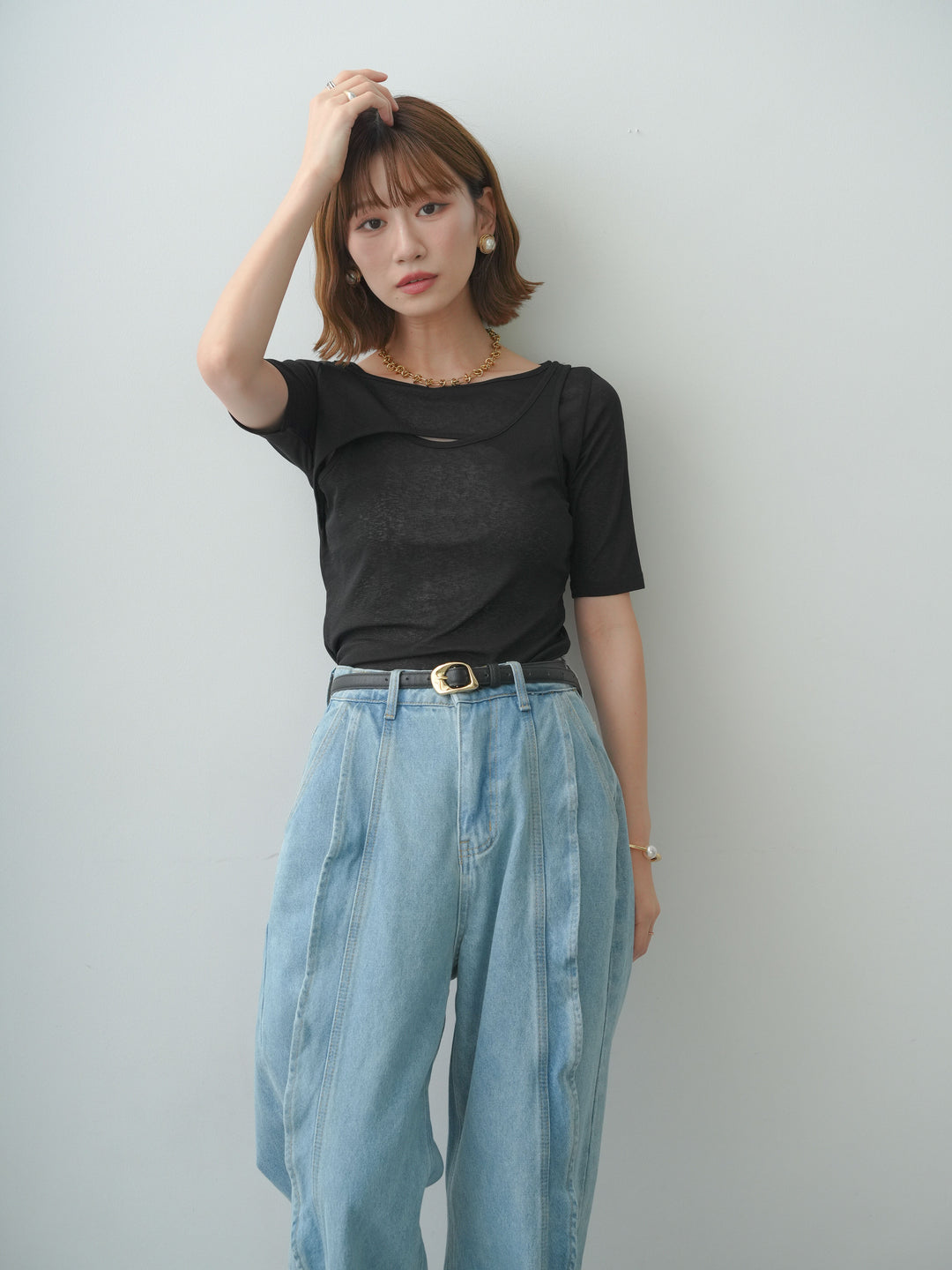 [SET]前後2wayシアーアシメレイヤード風TEE+フリルラインワイドデニム(2set)