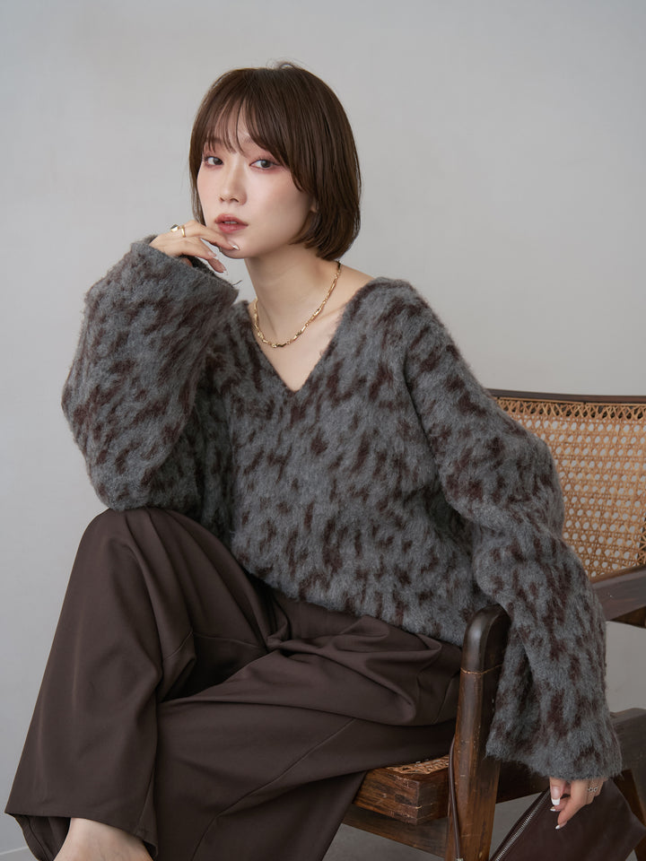 [SET]レオパードVネックシャギーニットトップス+ツイルタックワイドパンツ(2set)