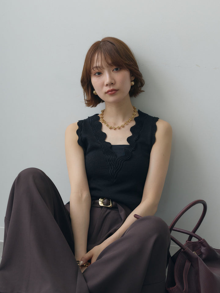 [SET]カーブデザインリブニットタンクトップ+ベルトループデザインワイドパンツ(2set)