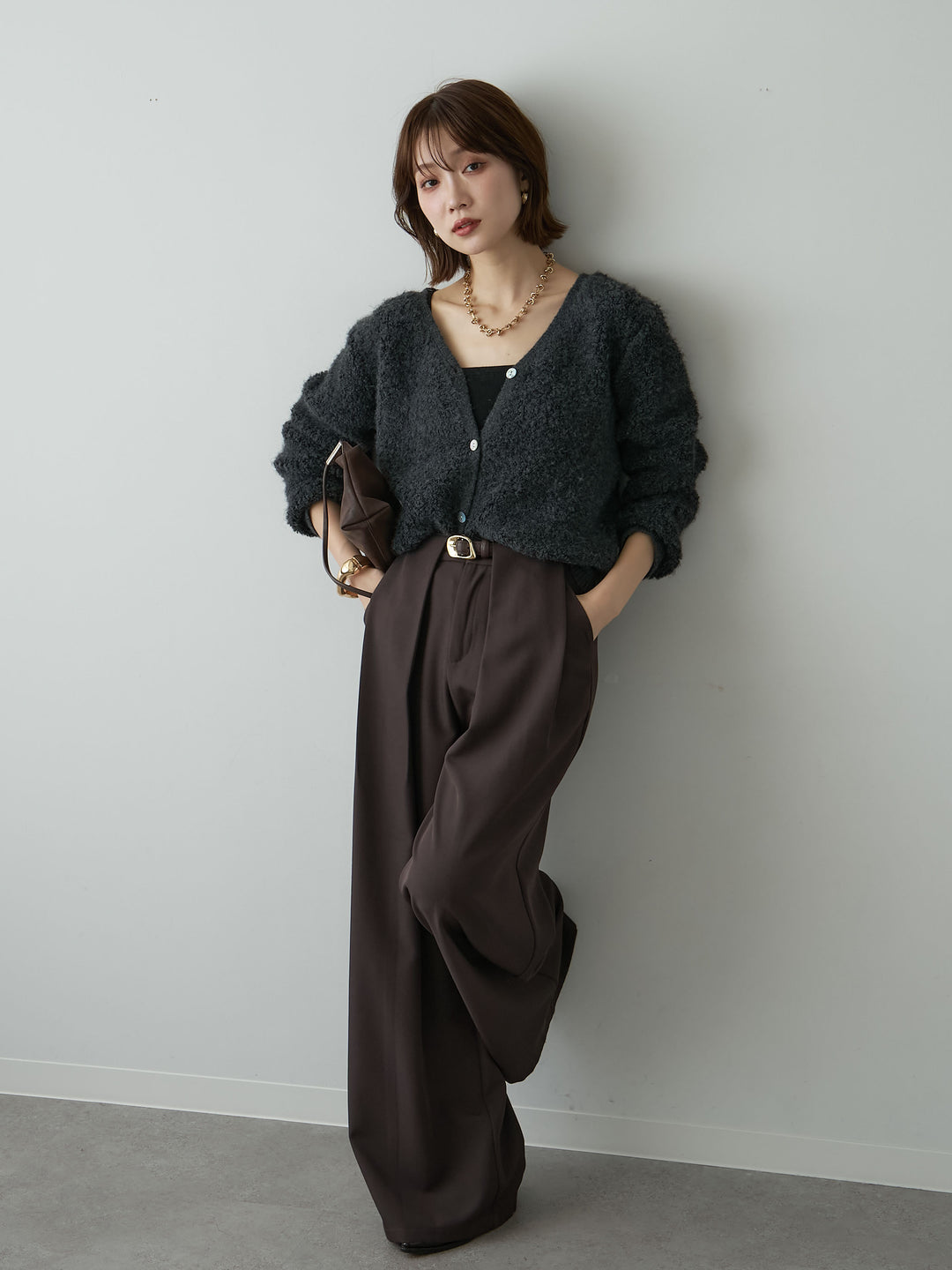[SET]ブークレクロップニットカーディガン+ベルトループデザインワイドパンツ(2set)