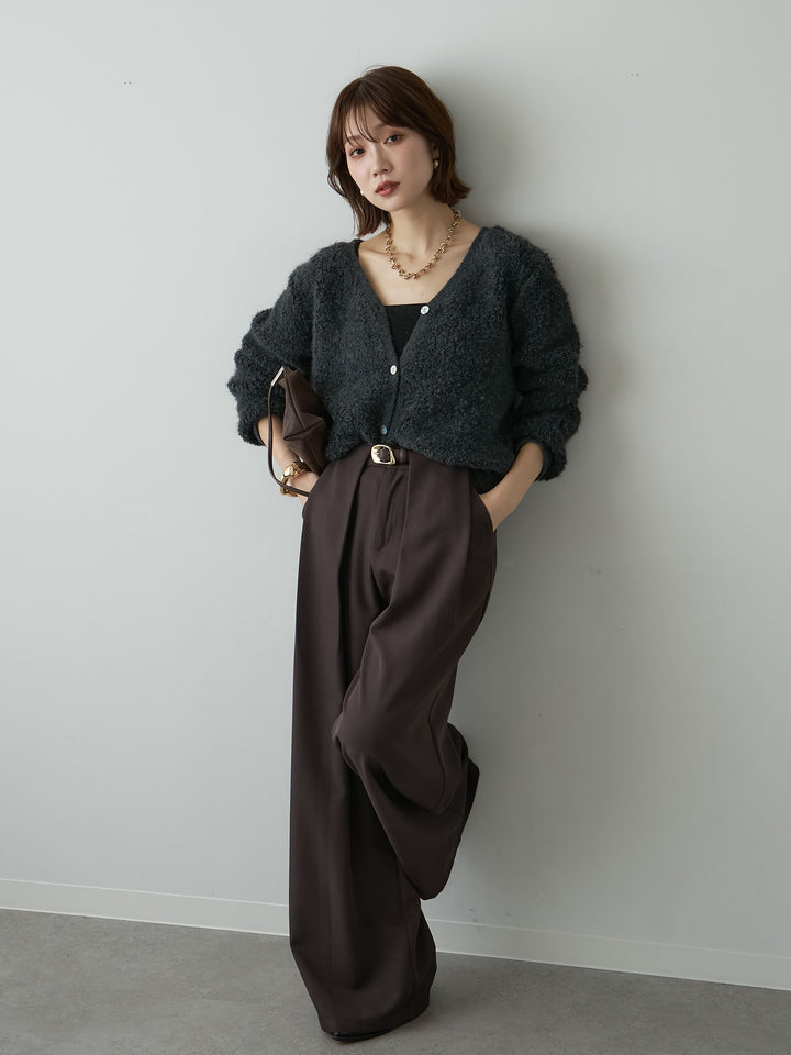 [SET]ブークレクロップニットカーディガン+ベルトループデザインワイドパンツ(2set)