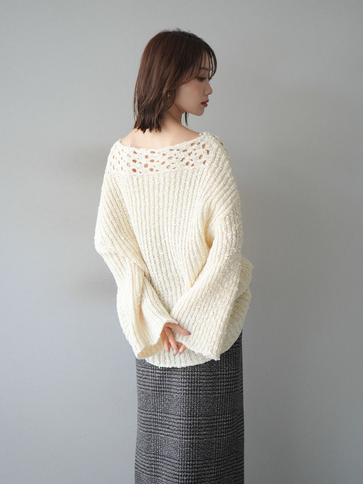 [予約]ボートネック透かし編みニットプルオーバー/white