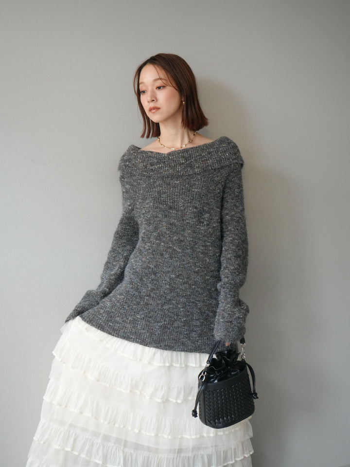 [予約]ミックスヤーンオフショルルーズニットプルオーバー/グレー