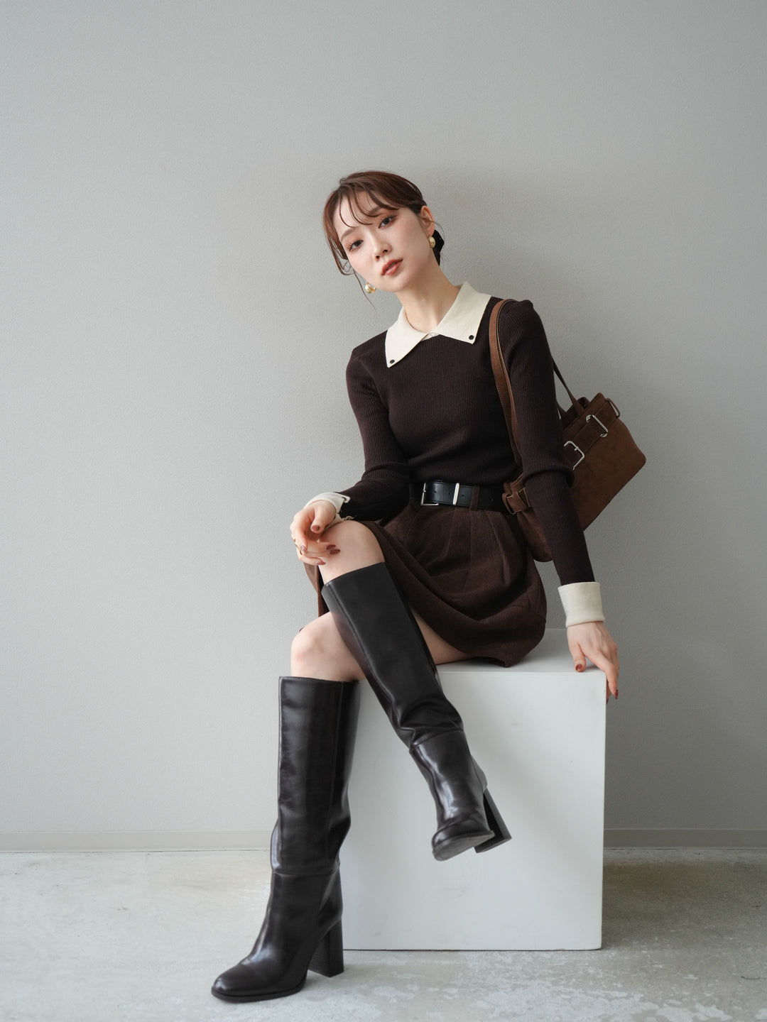 [予約]ニットカフス襟付き配色リブニットトップス/brown