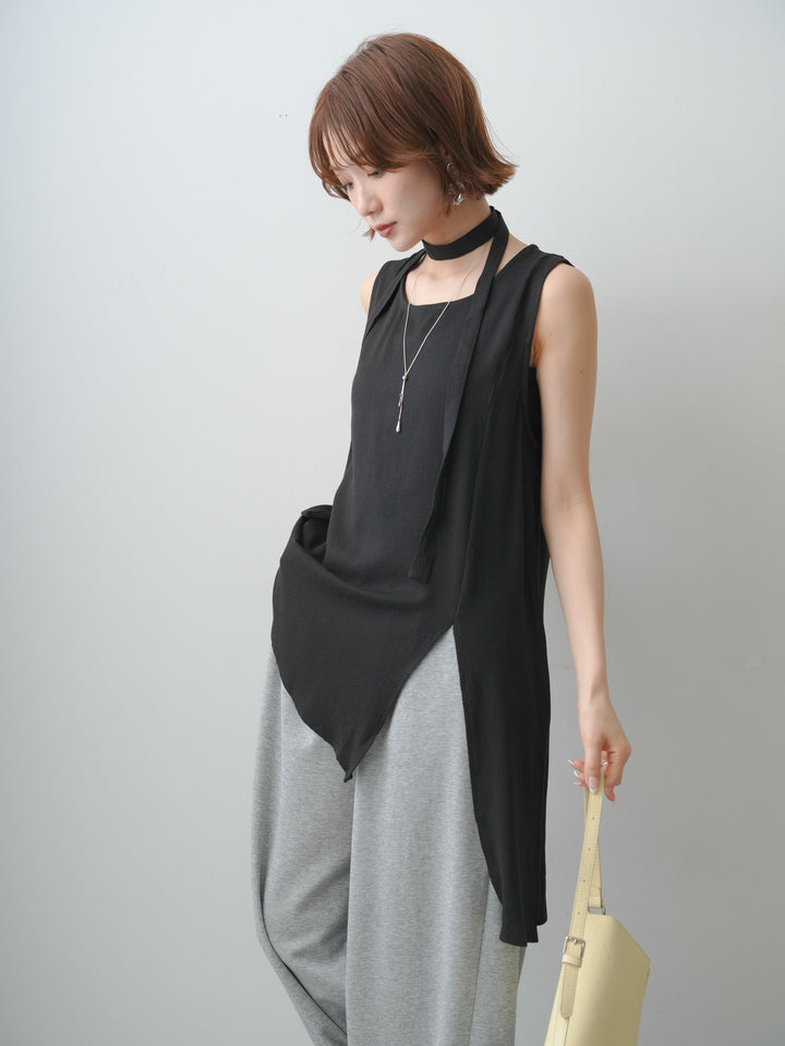 [予約]タイ付アシメヘムノースリトップス/black