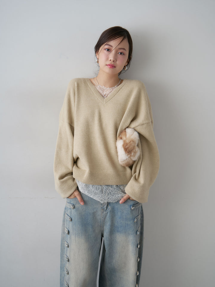 [SET]アルパカタッチレースドッキングVネックニットトップス+選べるアクセセット(2set)
