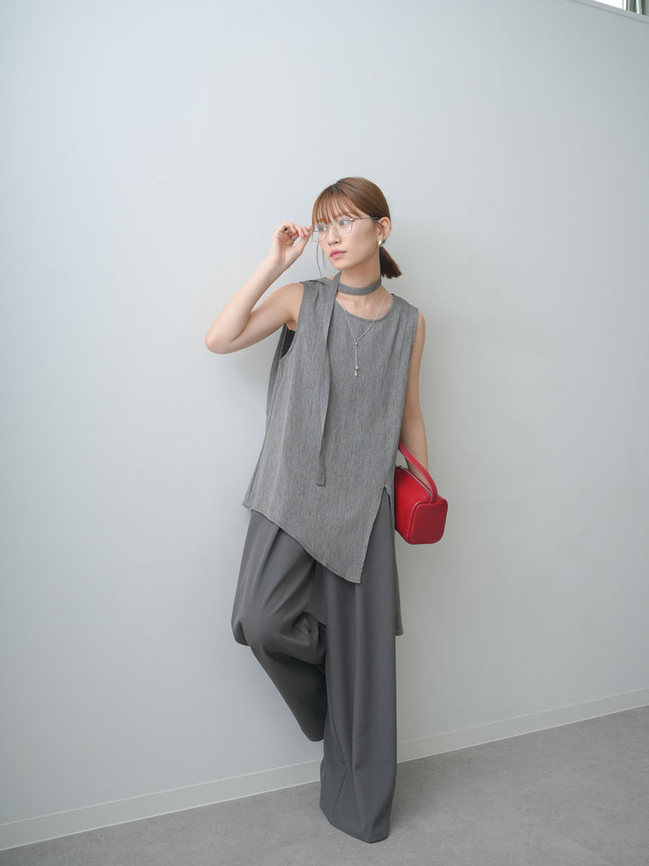 [SET]タイ付アシメヘムノースリトップス+ベルトループデザインワイドパンツ(2set)