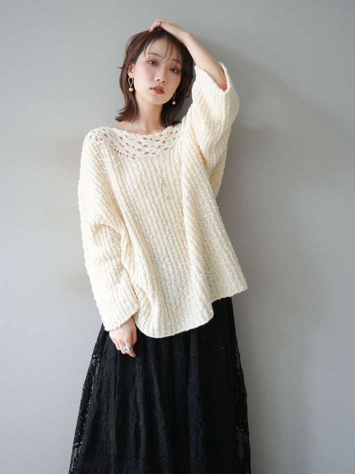 [予約]ボートネック透かし編みニットプルオーバー/white