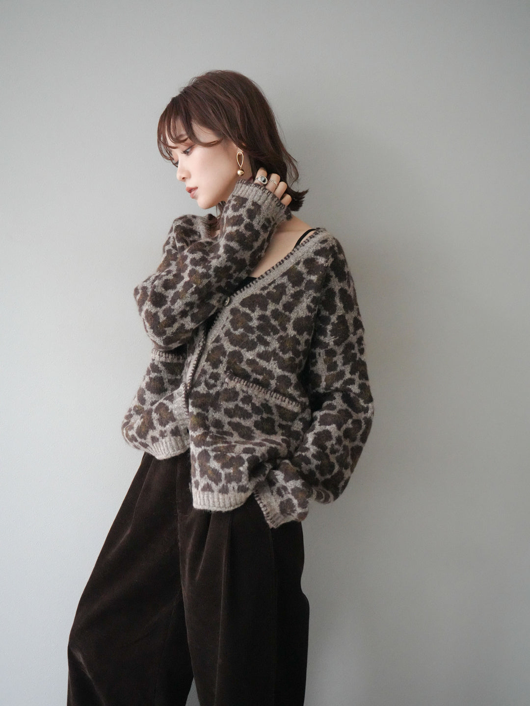 [予約]アニマル柄ステッチニットカーディガン/khaki
