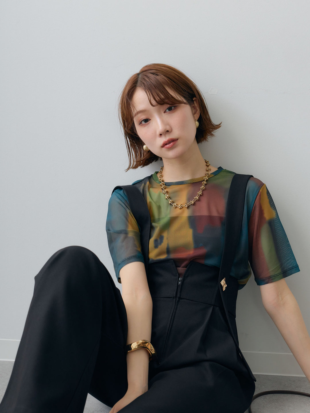 [予約]水彩柄メッシュシアー半袖プルオーバー/sumikuro