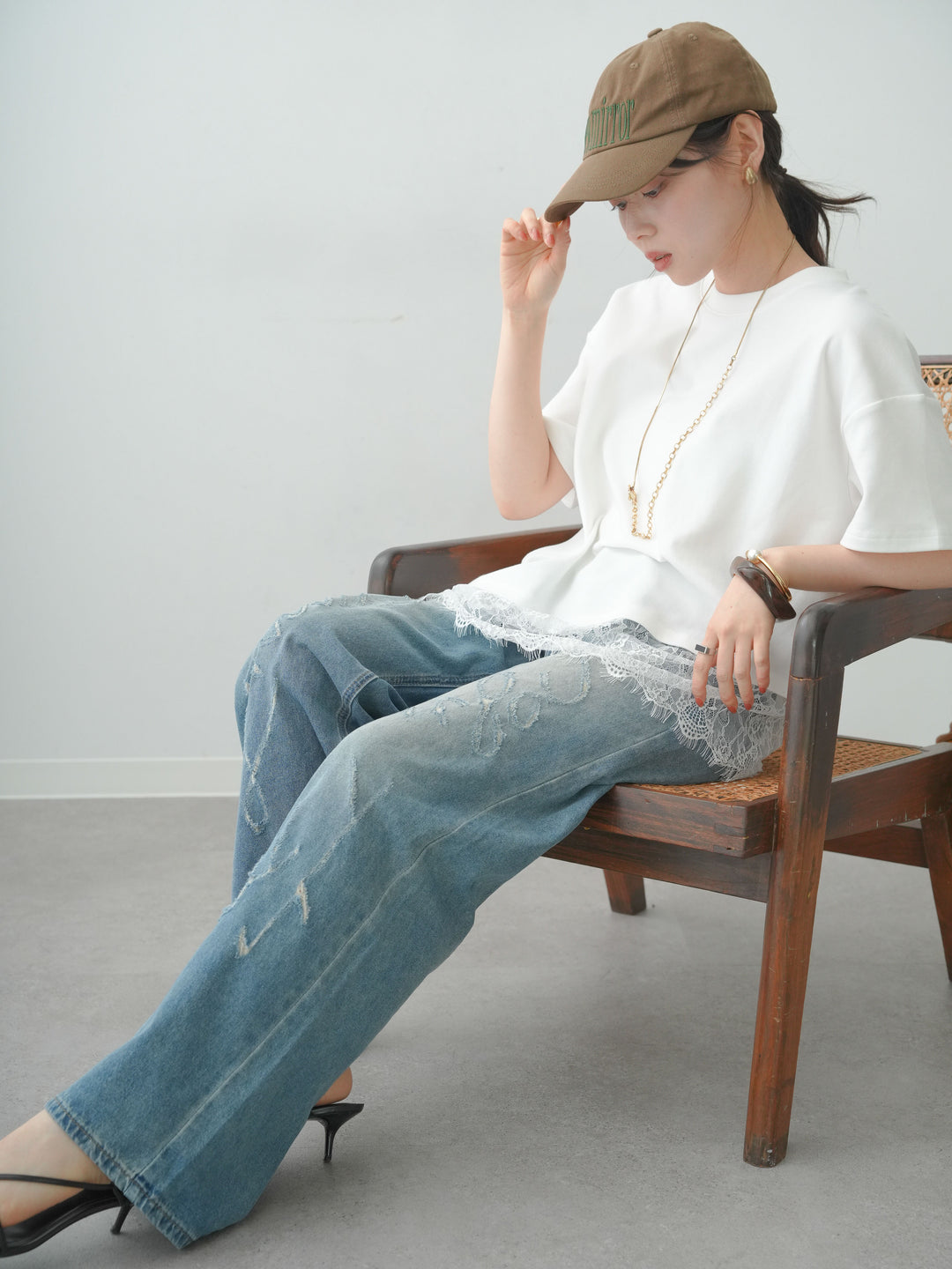 [SET]アシメレースヘムワイドTEE+グラフィックスクラッチワイドデニム(2set)