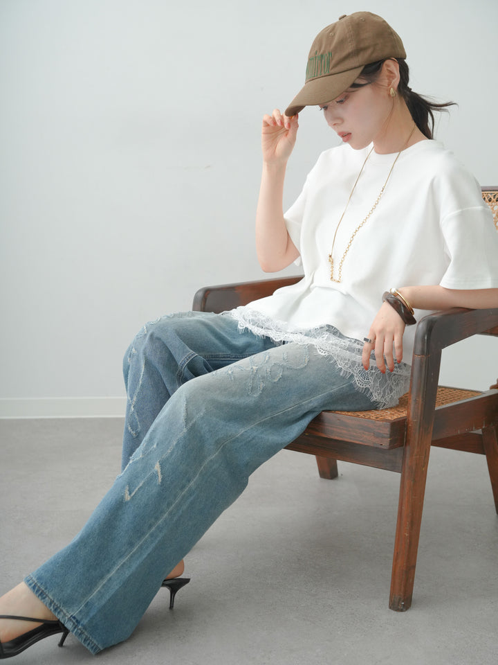 [SET]アシメレースヘムワイドTEE+グラフィックスクラッチワイドデニム(2set)