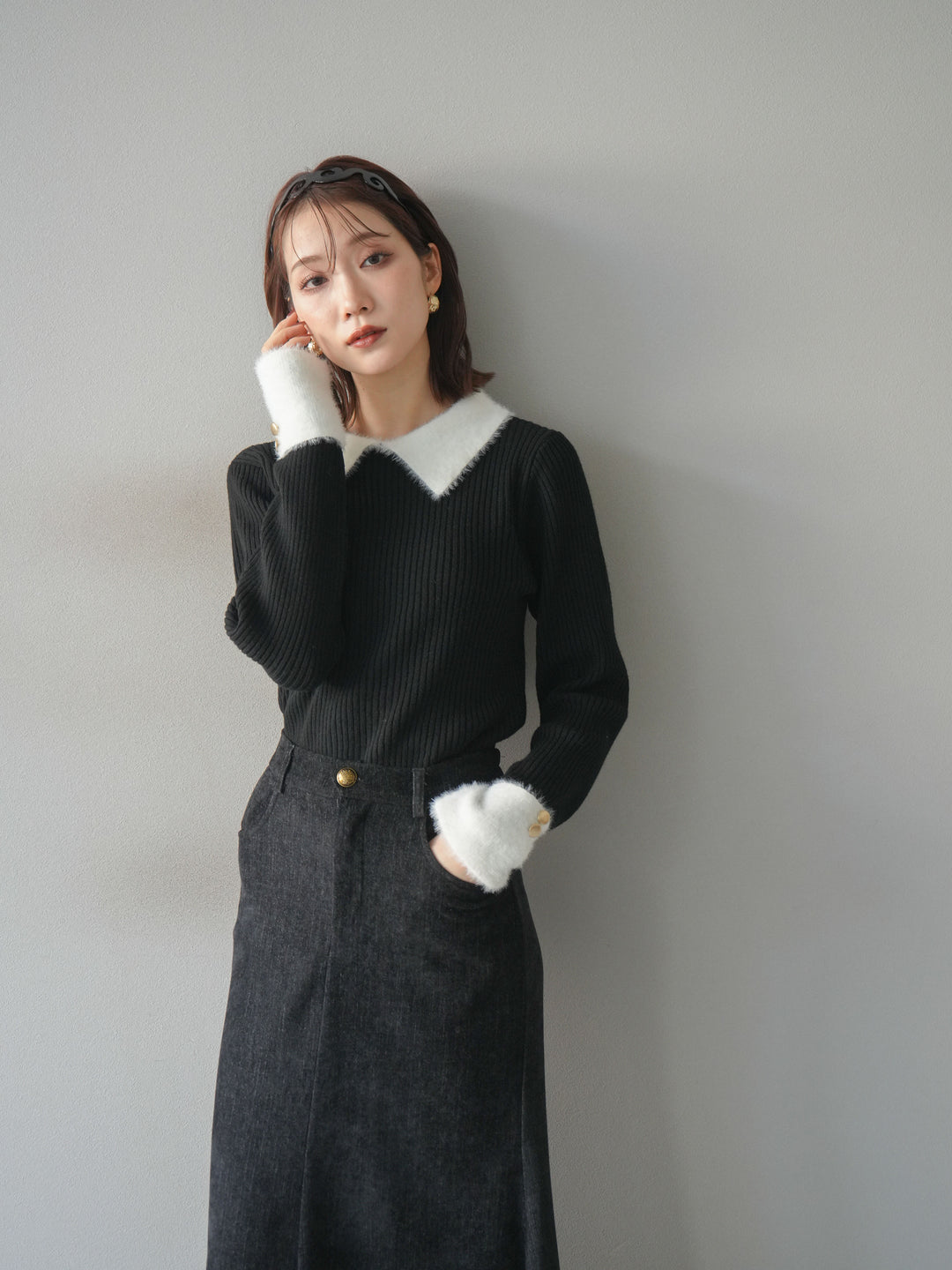 [SET]シャギー襟リブニットトップス+ベルベットマーメイドスカート(2set)