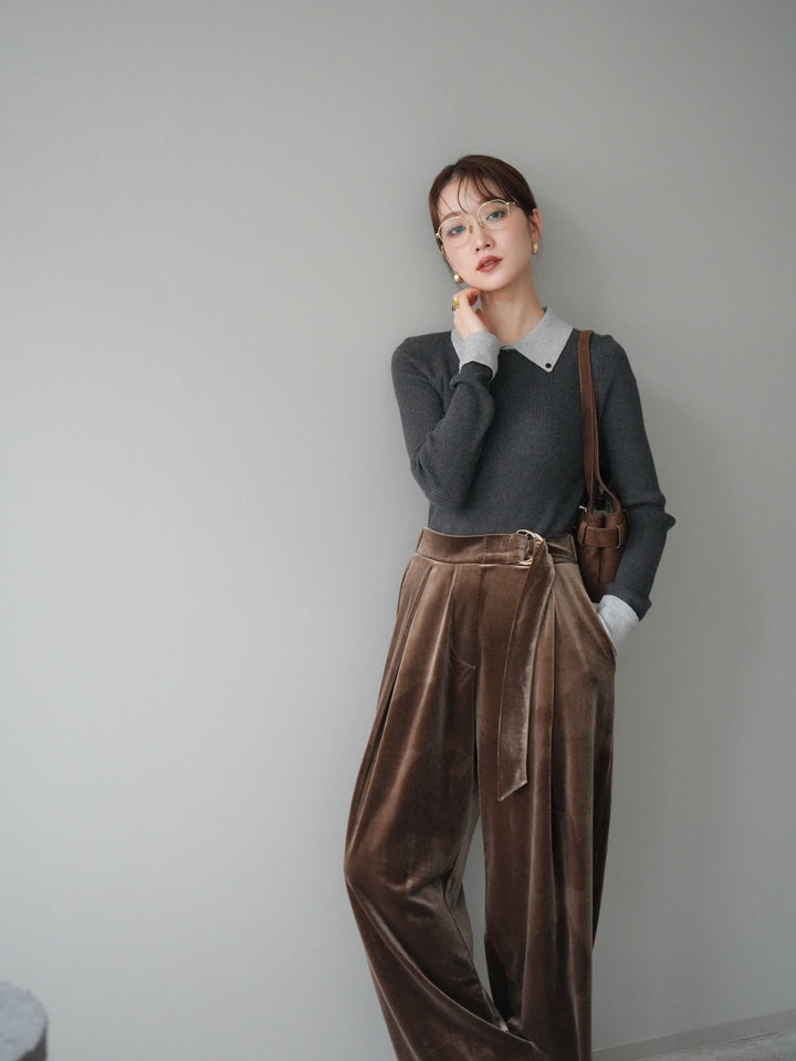 [予約]ニットカフス襟付き配色リブニットトップス/charcoal