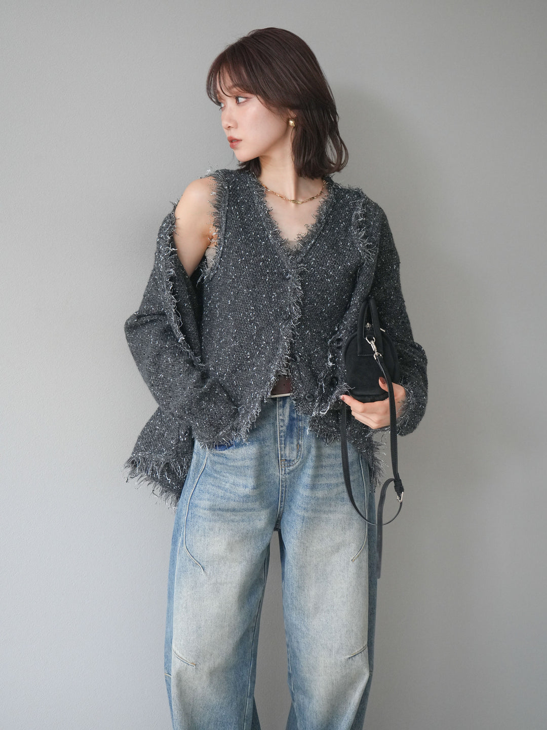 [予約]ネップフリンジニットカーディガン/ gray