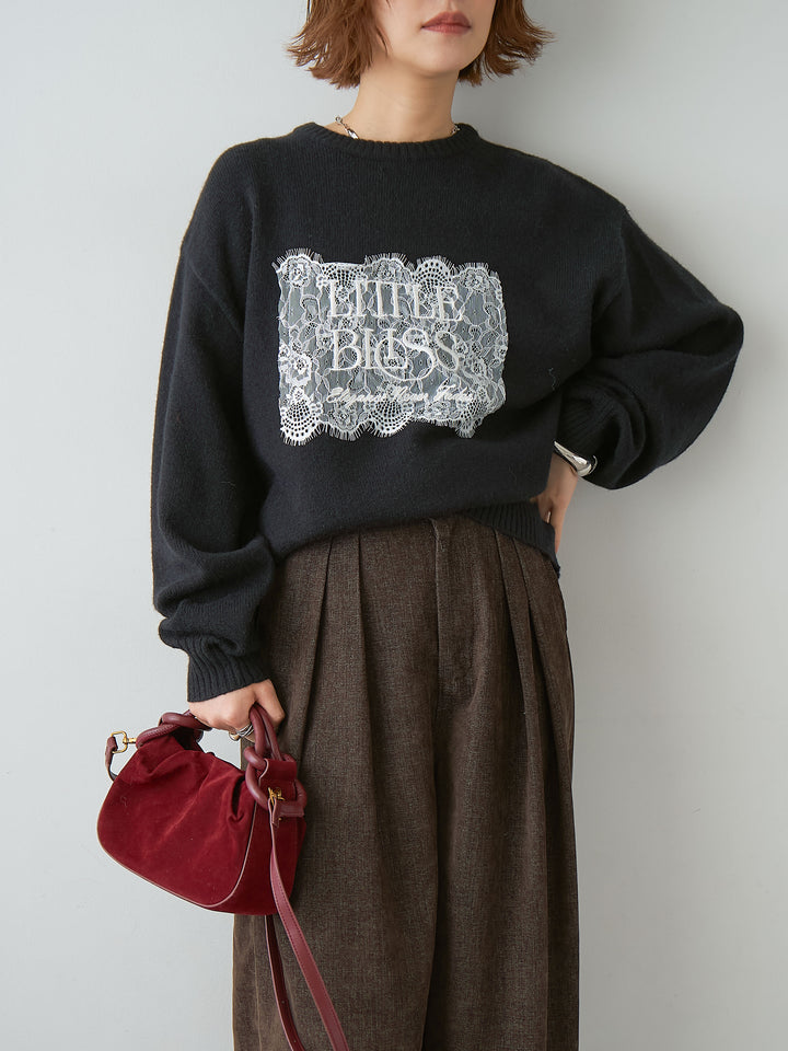 [予約]アルパカタッチ刺繍レースロゴニットプルオーバー/black