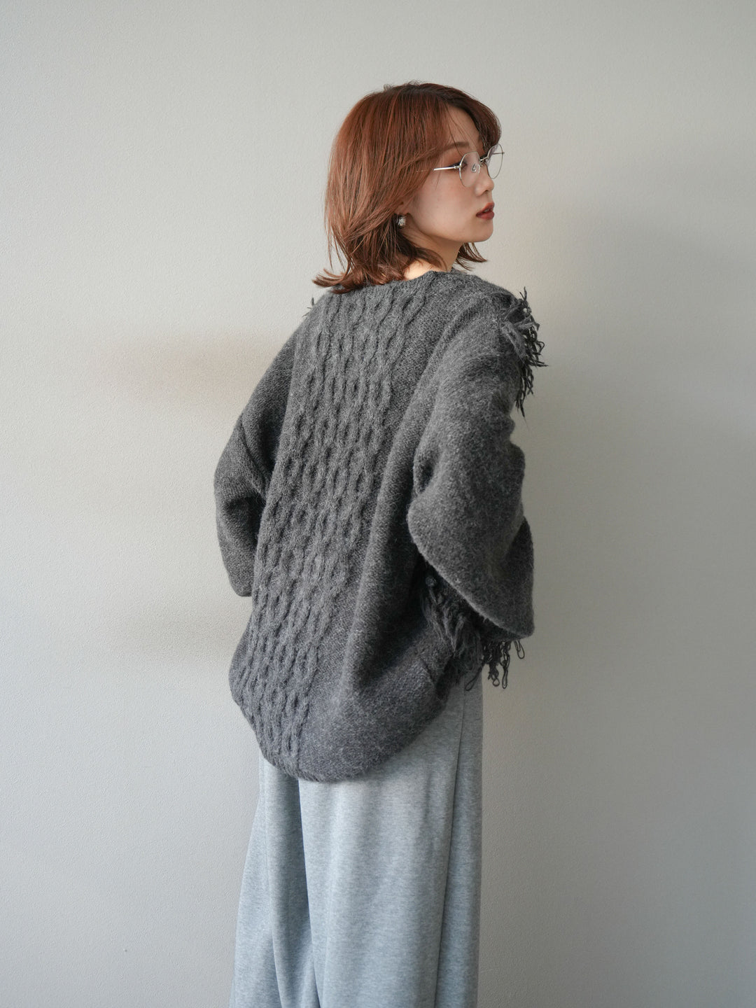 [予約]レースアップフリンジニットプルオーバー/gray