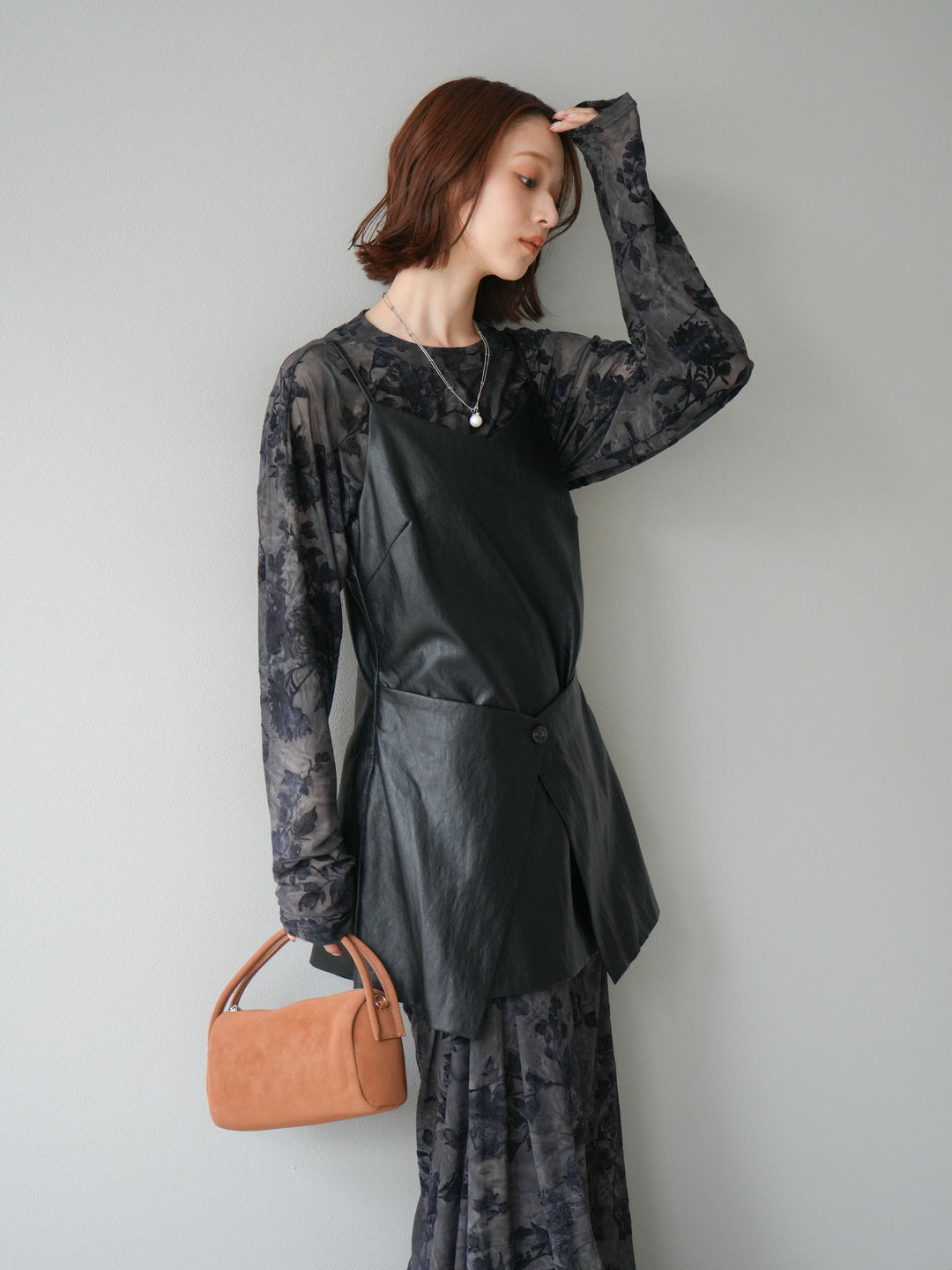 [予約]レイヤードレザーキャミソールチュニック/ブラック