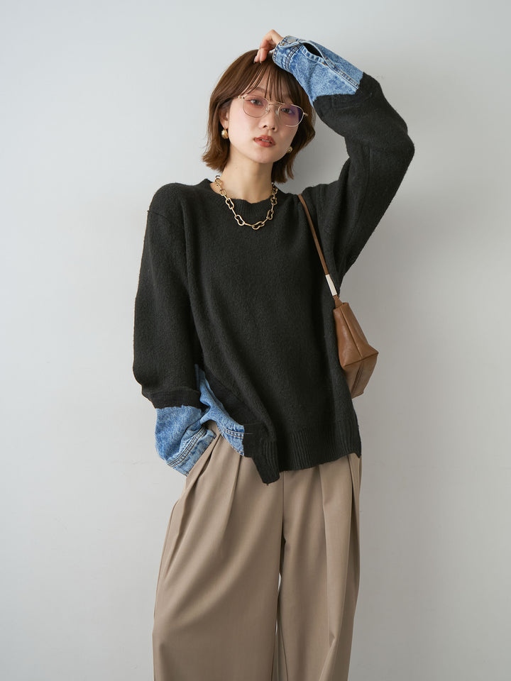 [SET]デニムドッキングニットプルオーバー+ツイルタックワイドパンツ(2set)