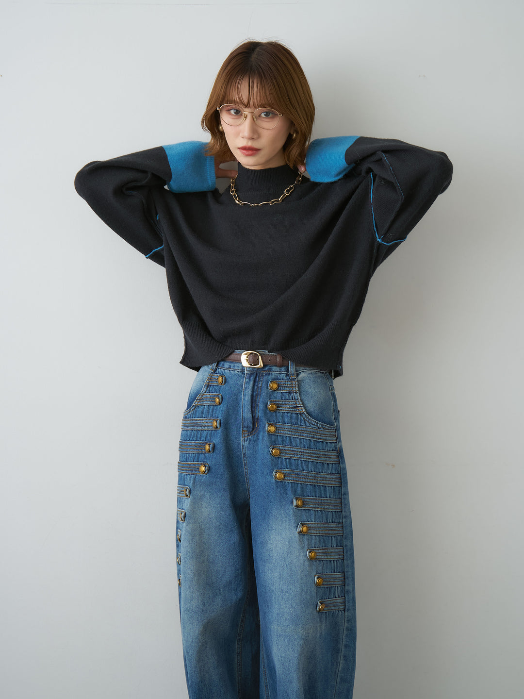 [予約]バイカラートリムワイドハイネックニットトップス/black