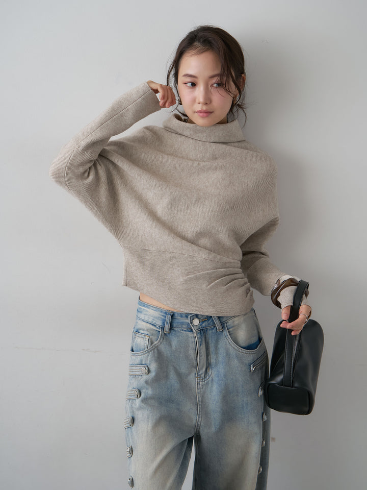 [SET]ハイネックサイドボタンギャザーニットトップス+ハイネックサイドボタンギャザーニットトップス(2set)