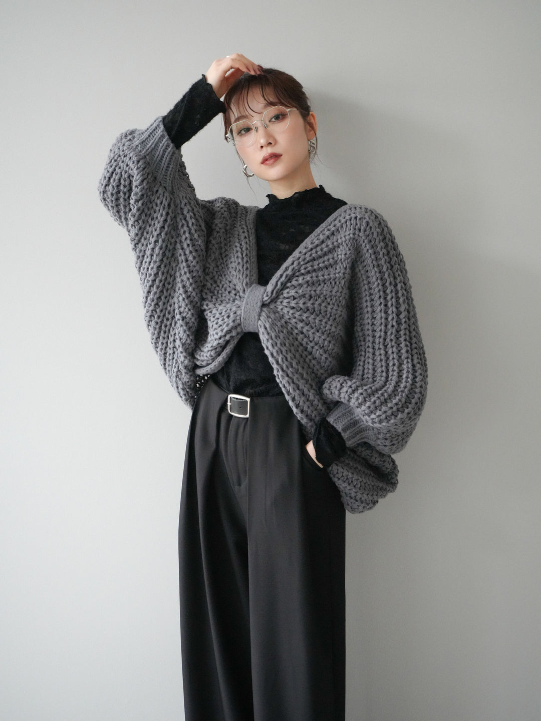 [SET]ローゲージ畦編みドルマンニットボレロ+起毛レースプチネックトップス(2set)