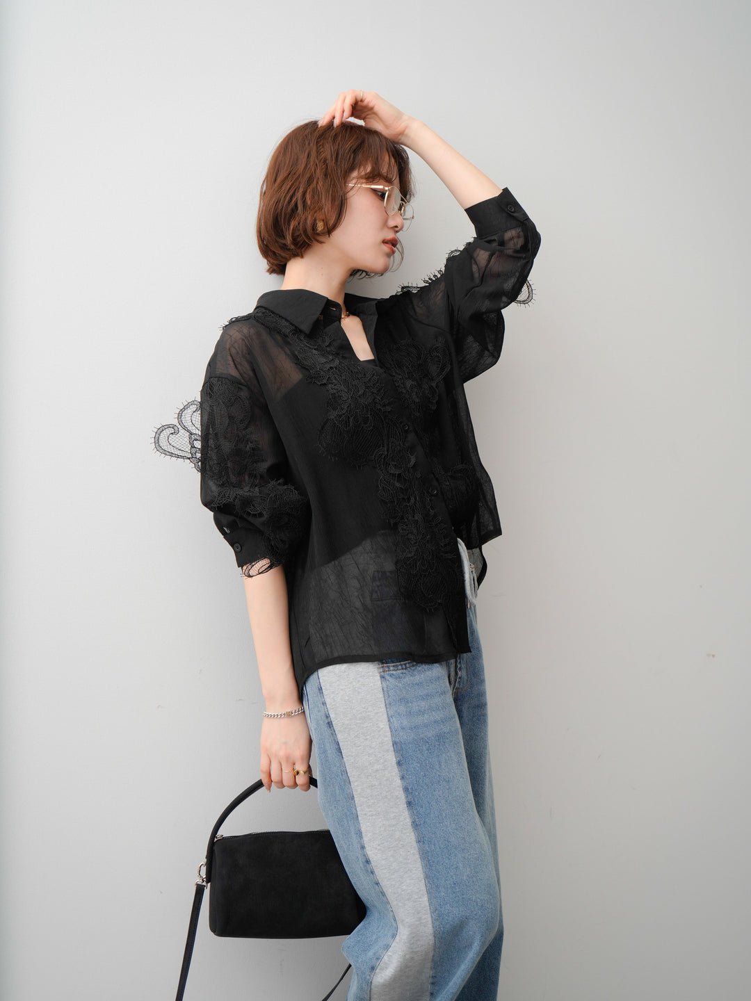 [SET]レースデザインドレープオーバーシャツ+デニム切替スウェットパンツ(2set)