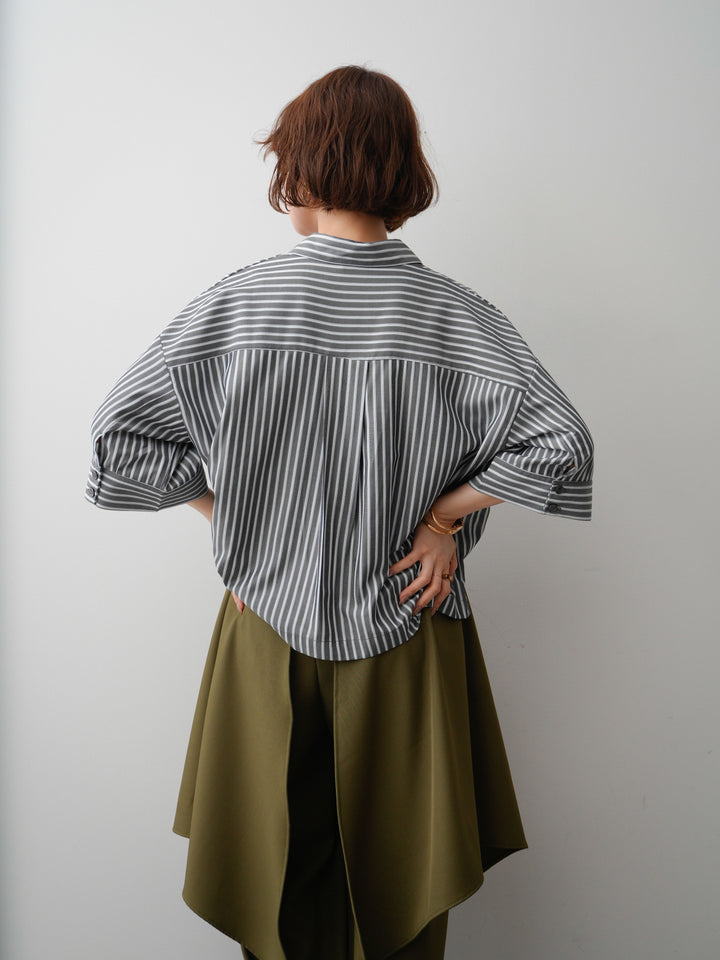 [SET]ストライプWポケットハーフシャツ+ドレープレイヤードフレアワイドパンツ(2set)