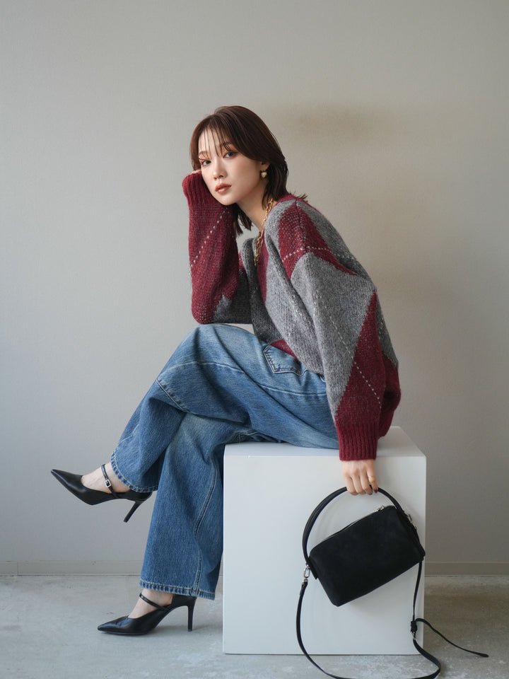 [予約]アーガイルオーバーニットプルオーバー/bordeaux