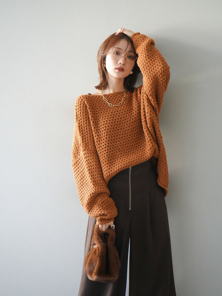 [予約]ネップ透かし編みオーバーニット/camel