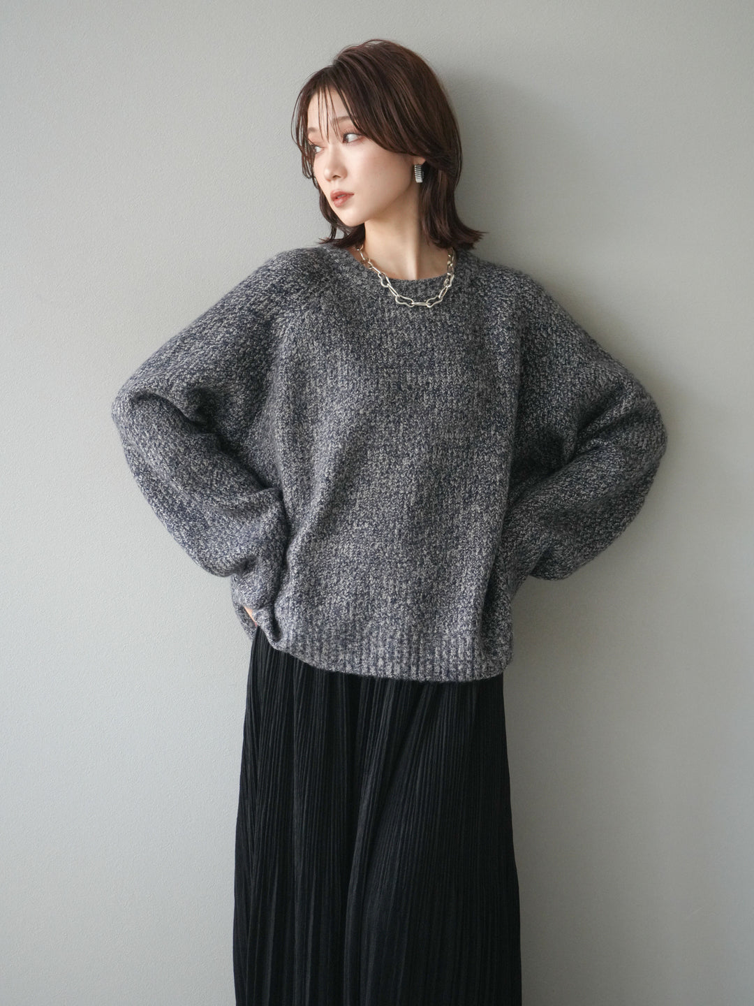 [予約]クルーネック畦編みミックスニット/navy