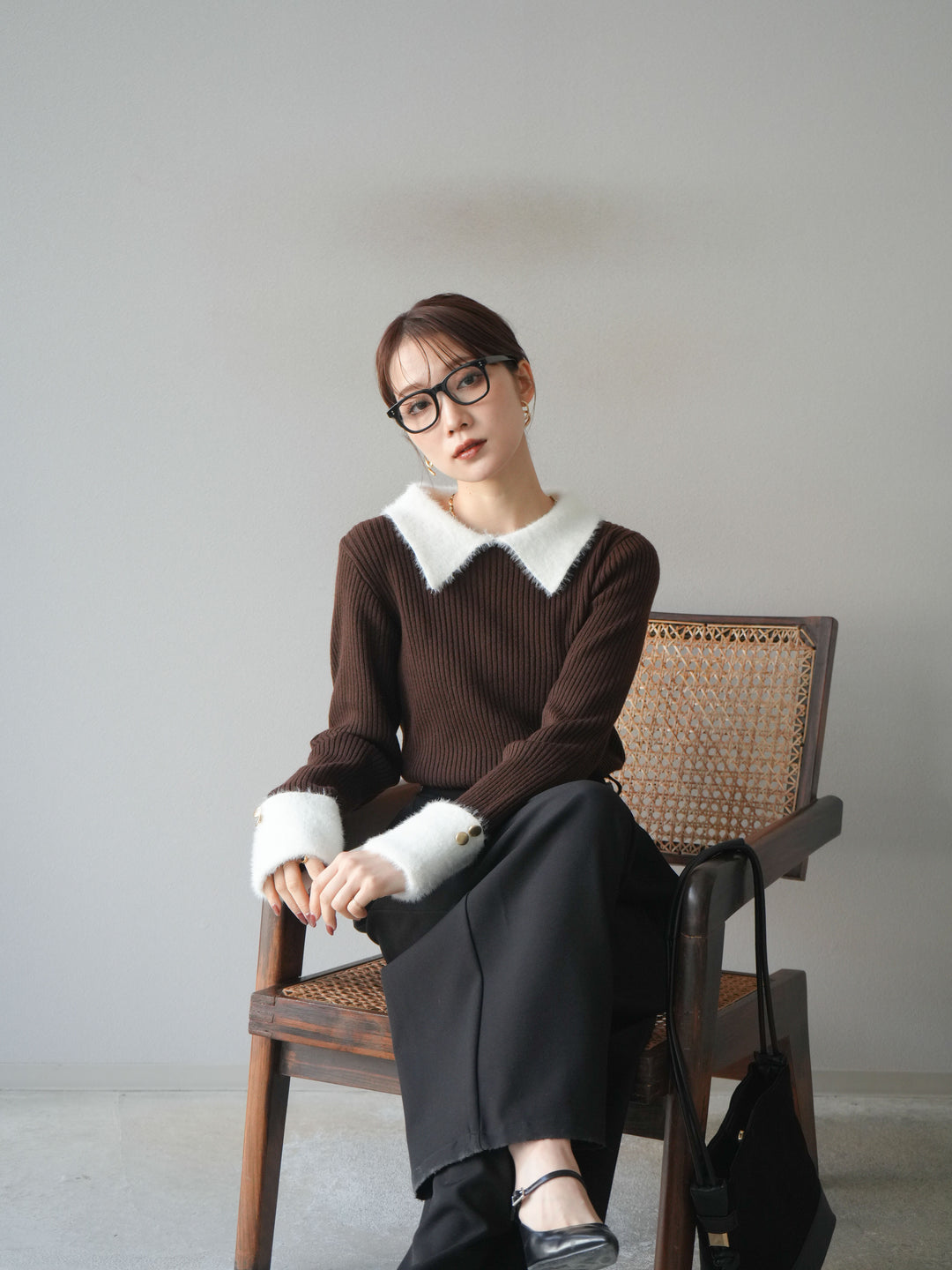 [SET]シャギー襟リブニットトップス+ベルトループデザインワイドパンツ(2set)