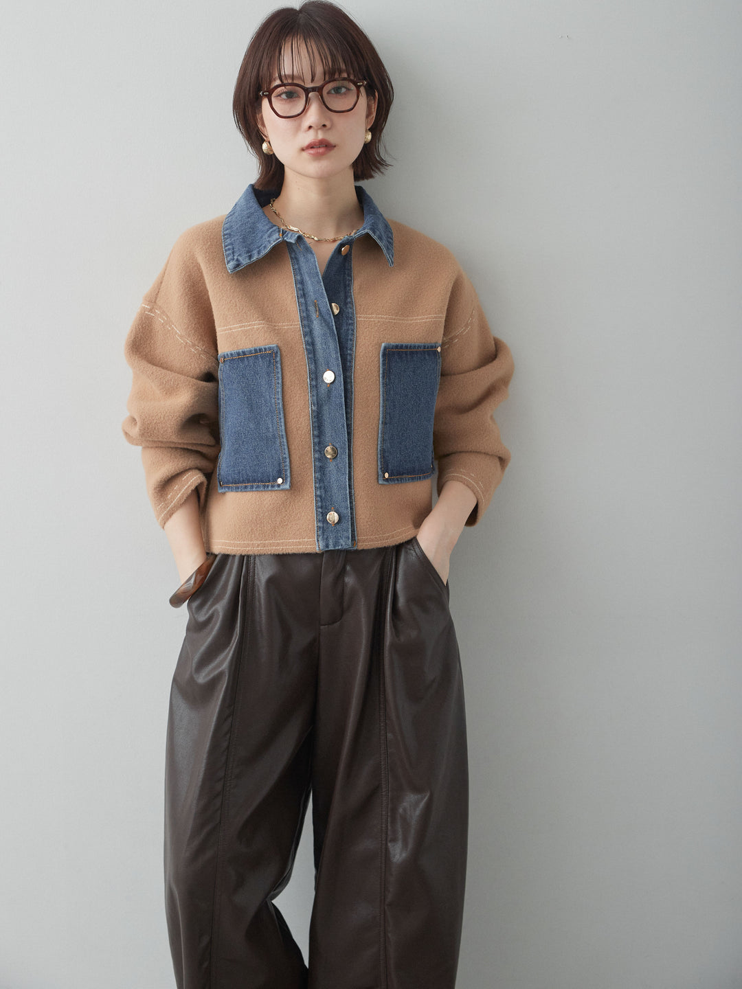 [SET]デニムコンビスムースニットジャケット+フェイクレザーワイドパンツ(2set)