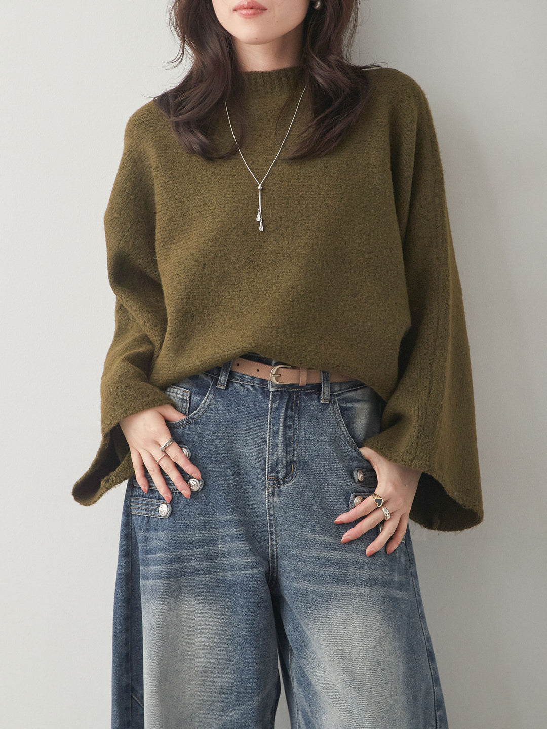 [予約]ワイドスリーブボトルネックニットトップス/khaki
