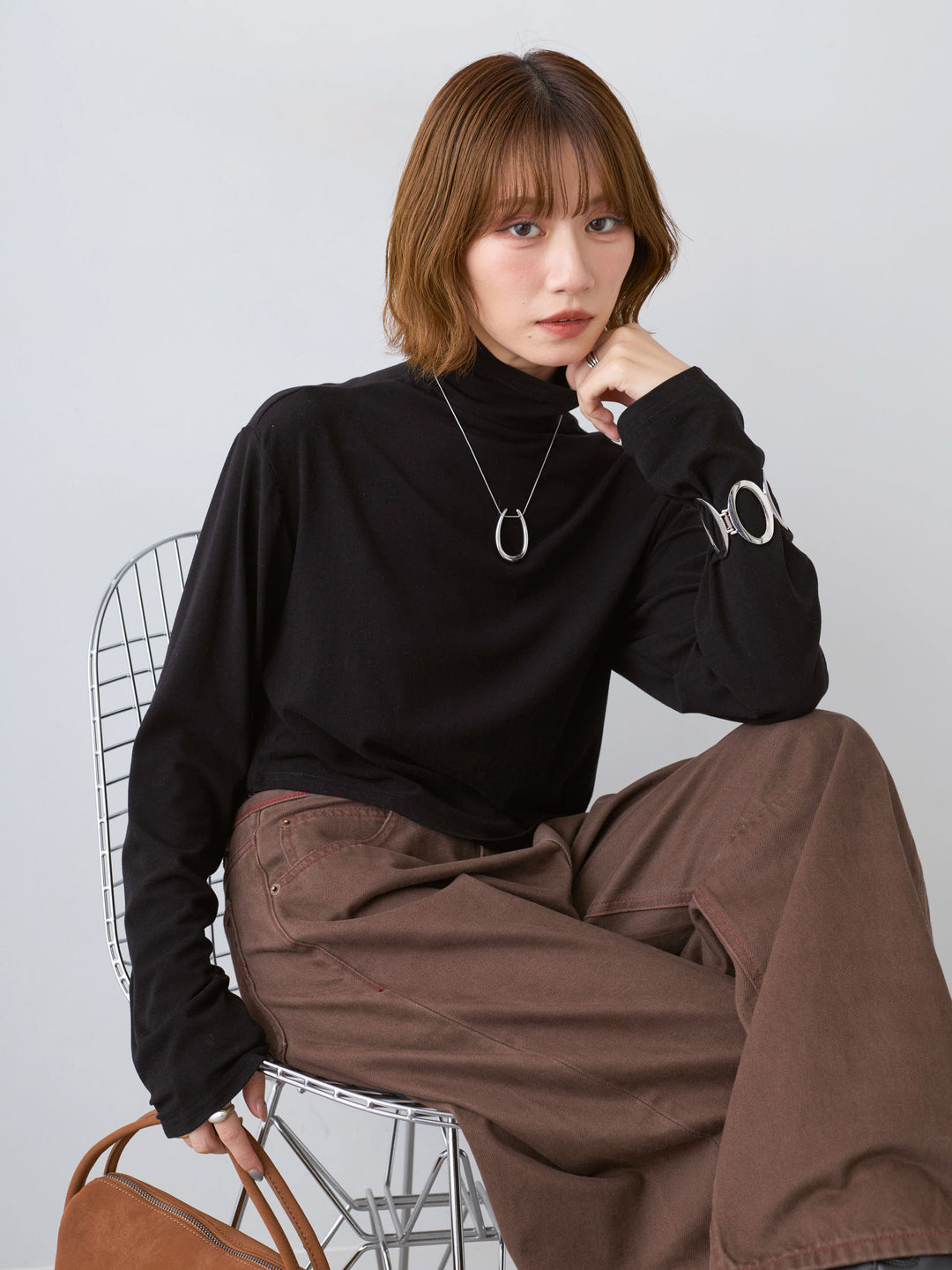 [SET]モックネックアシメヘムトップス+カラーステッチワイドパンツ(2set)