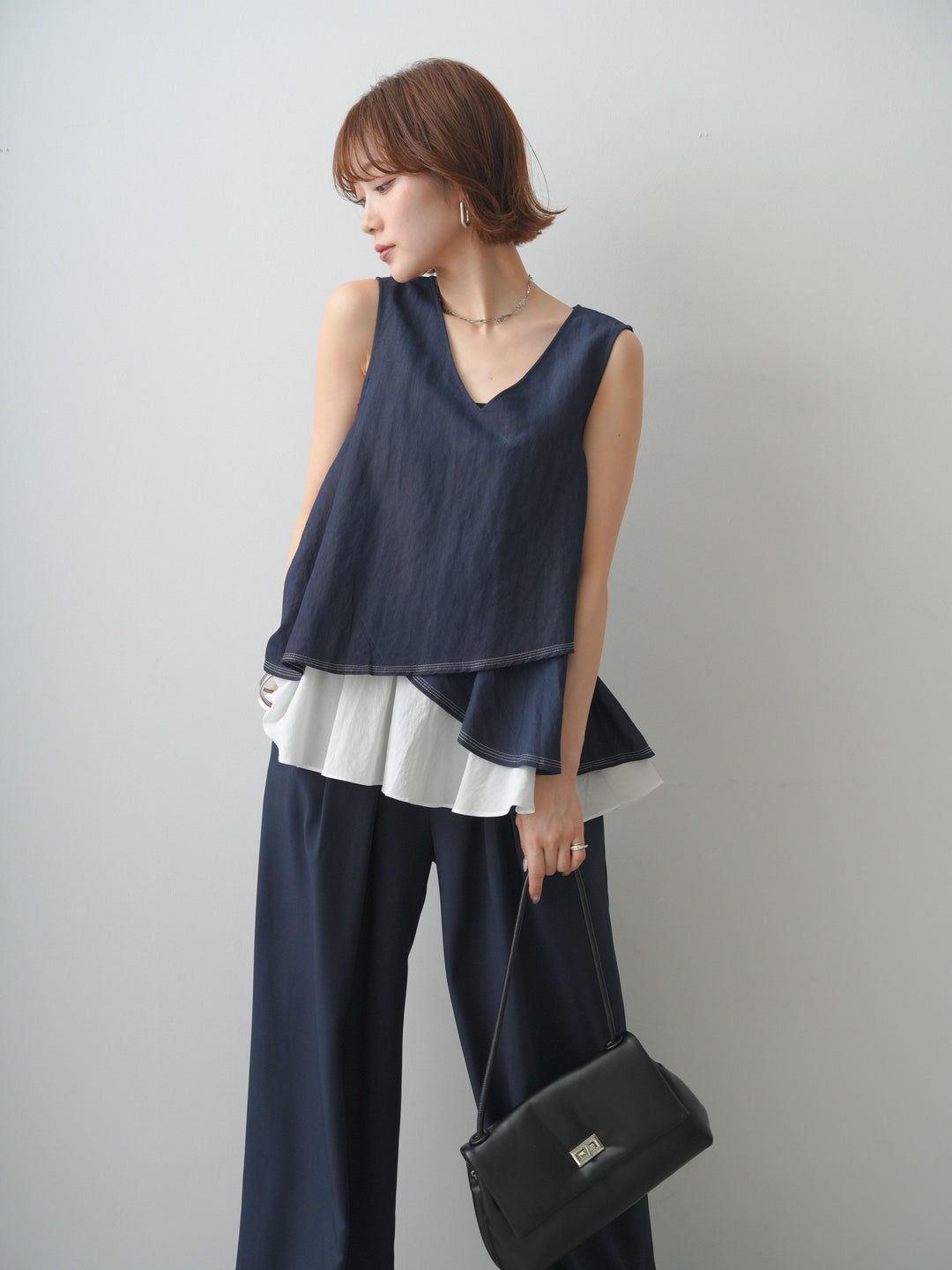 [SET]アシメフリルドッキングステッチノースリブラウス+ダブルバックルベルト付ワイドパンツ(2set)