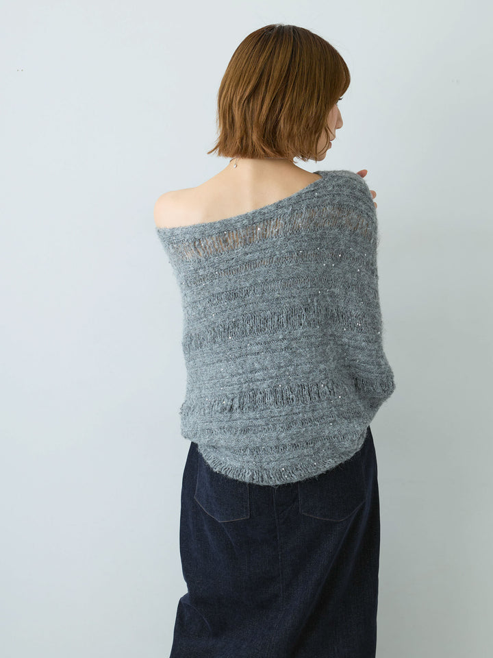 [予約]ミックス透かし編ワイドネックニットトップス/gray