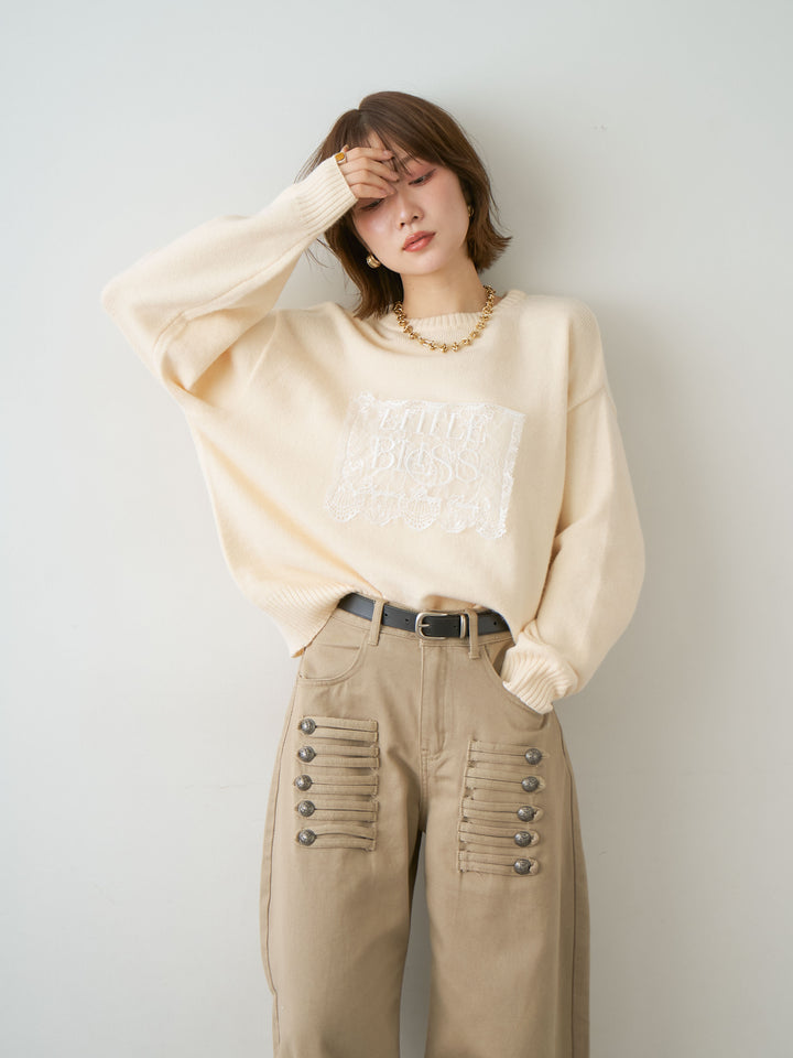 [SET]アルパカタッチ刺繍レースロゴニットプルオーバー+アルパカタッチ刺繍レースロゴニットプルオーバー(2set)