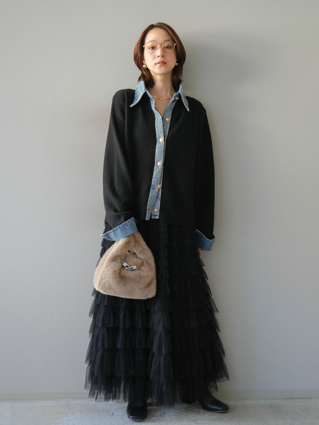 [予約]デニム襟ボタンニットカーディガン/black