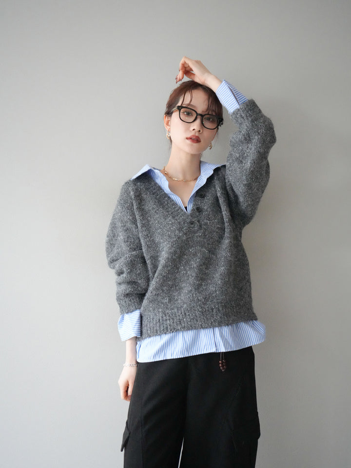 [予約]ストライプシャツドッキングMIXヤーンニットプルオーバー/charcoal