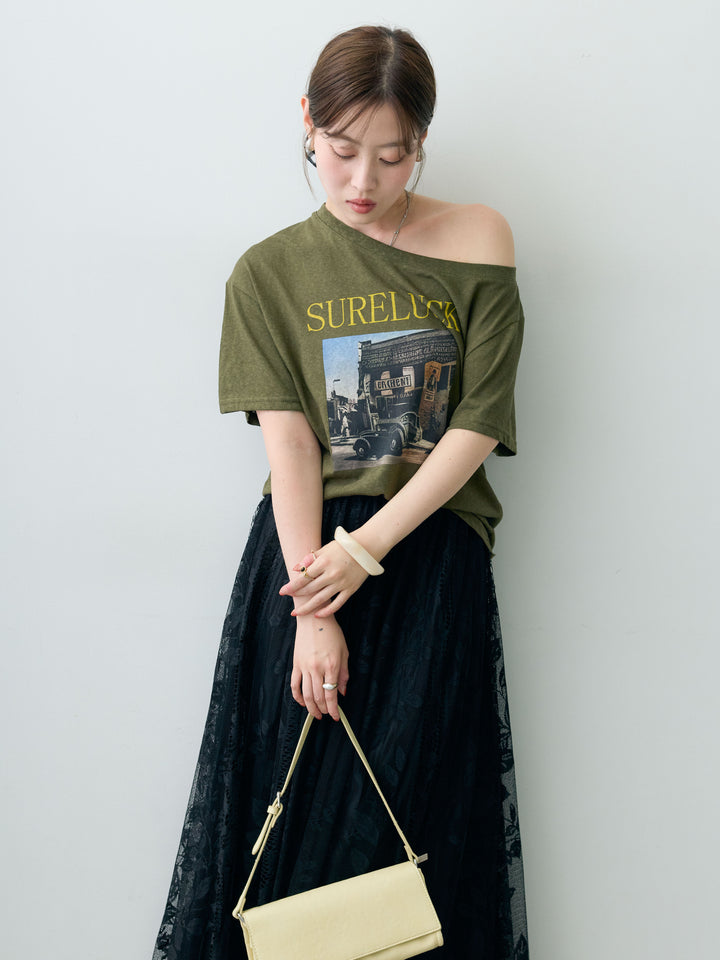 [SET]ワイドネックプリントTEE+ボタニカルパネルレースフレアスカート(2set)