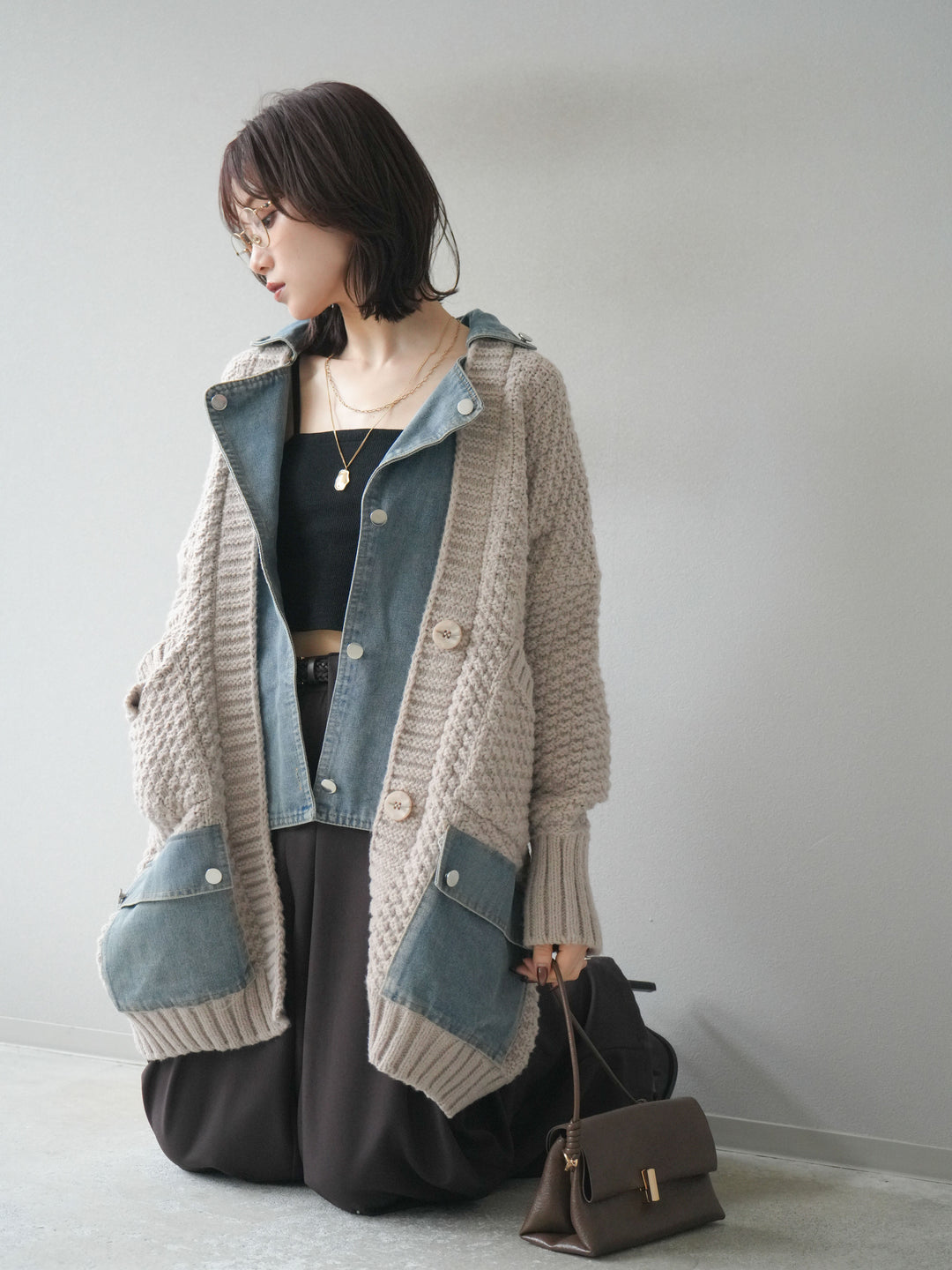 [SET]デニム襟レイヤードニットジャケット+ベルトループデザインワイドパンツ(2set)