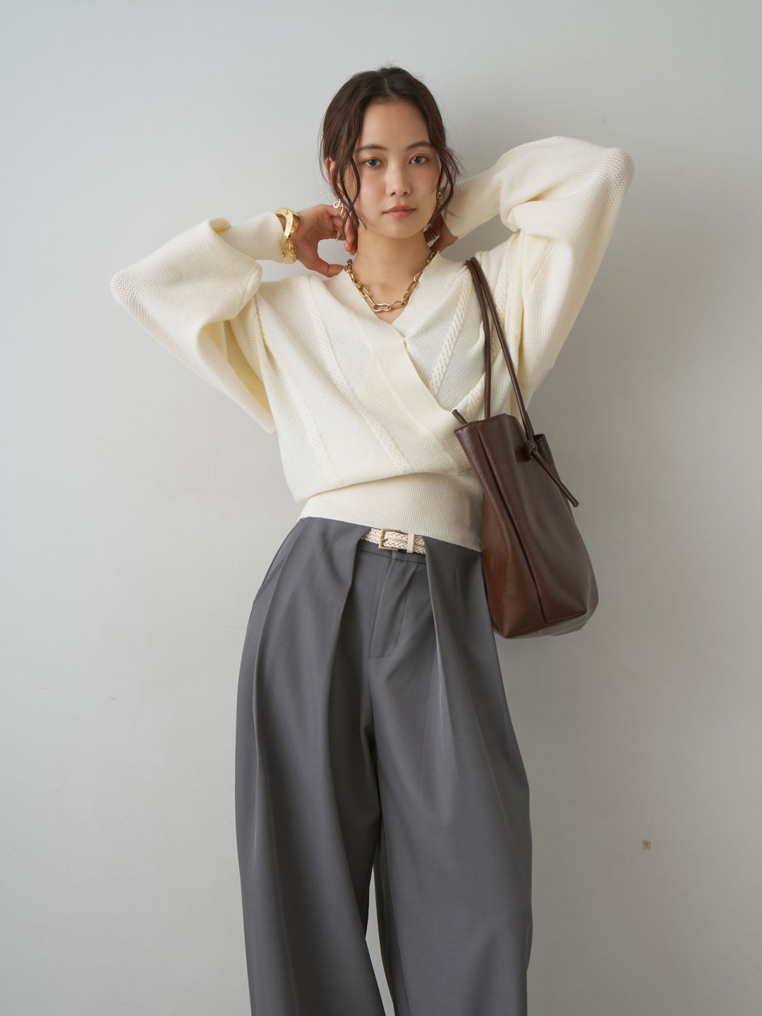 [予約]カシュクールミックスケーブルニットトップス/white