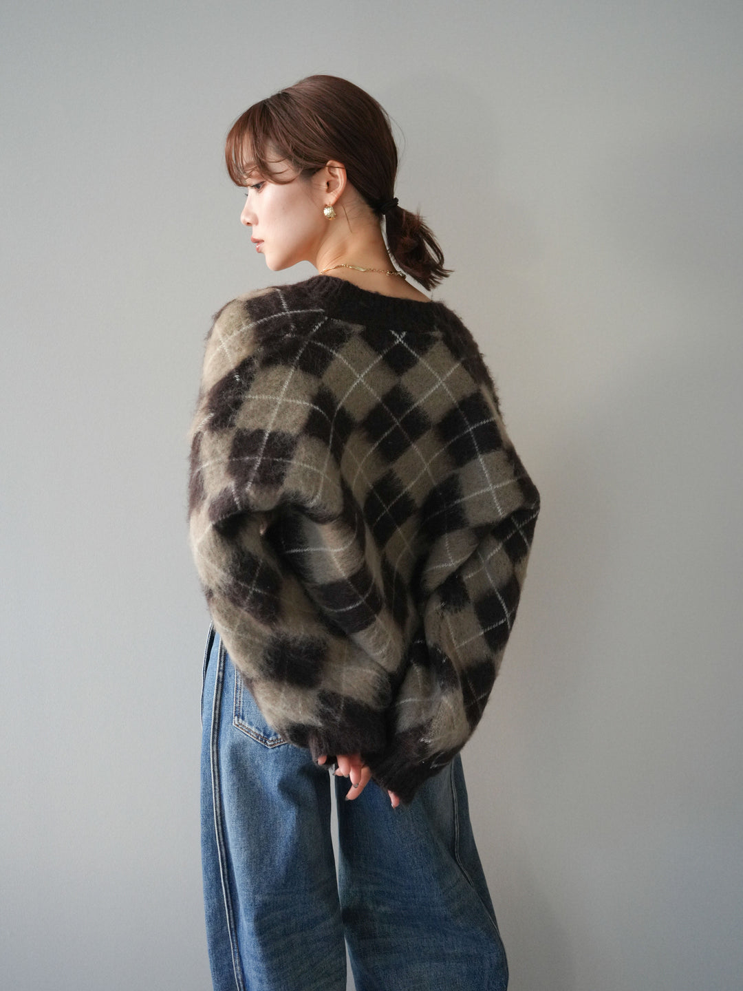 [予約]アーガイルシャギーニットカーディガン/brown